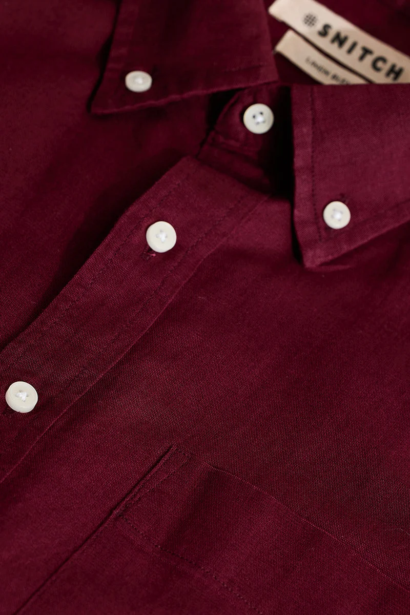 SNITCH Maroon Linen Blend Slim Fit Shirt